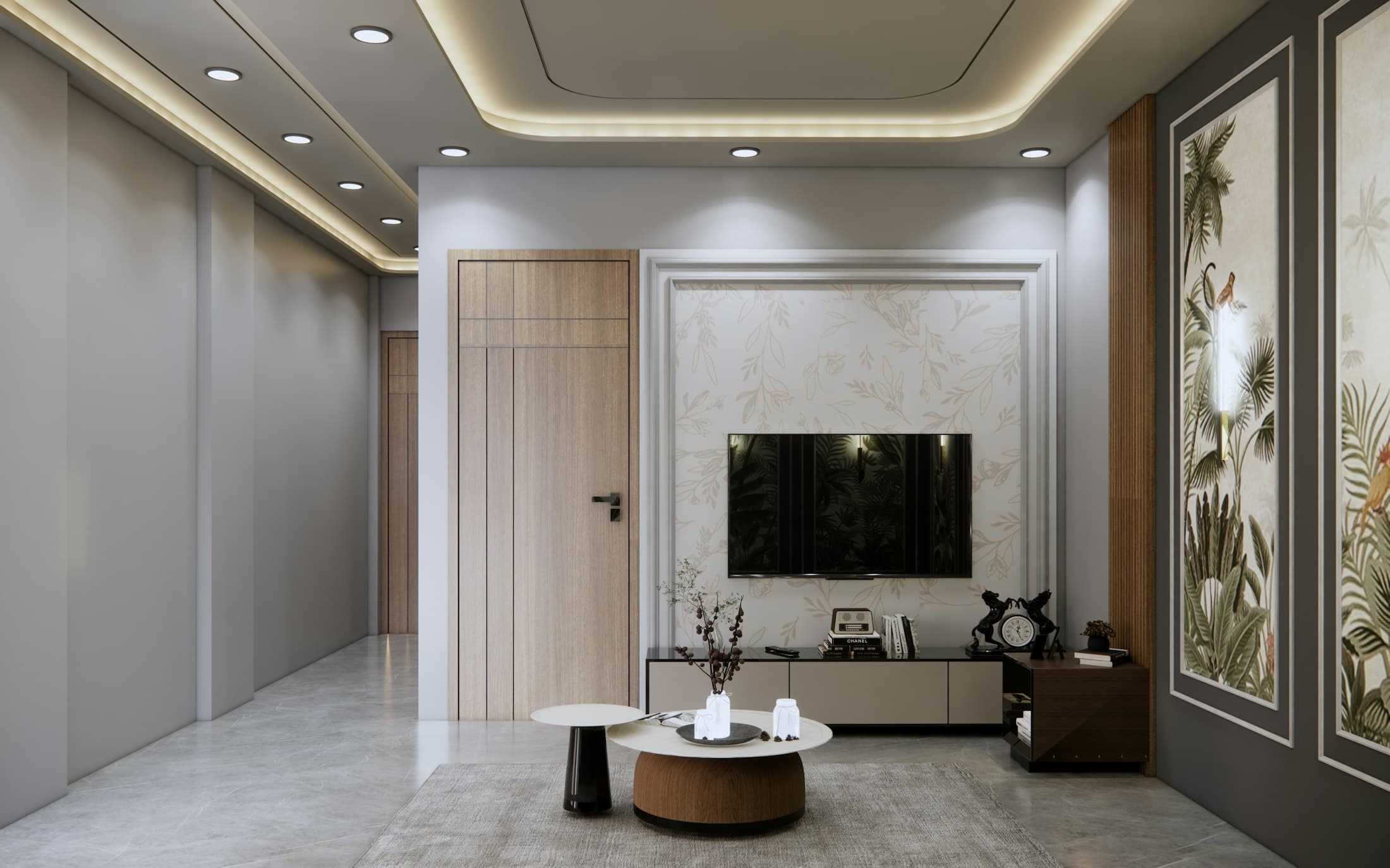 Apartment living room with a marble-clad media wall, recessed lighting and a wooden door