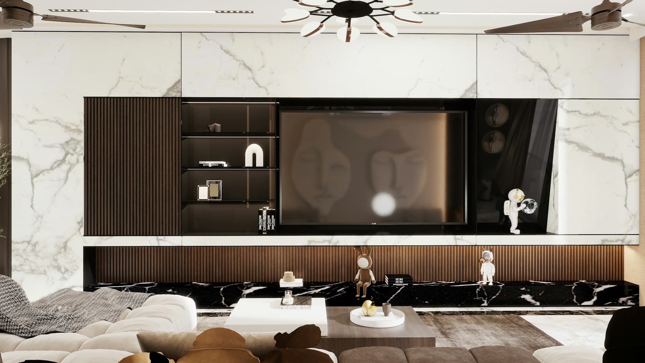 Media wall with fluted timber panels, open shelving and marble accents