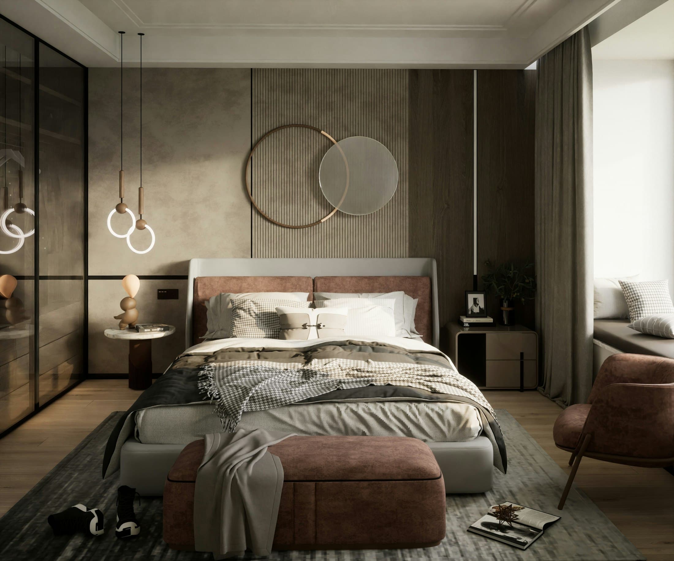 Bedroom with a textured feature wall, brass pendants and layered bedding
