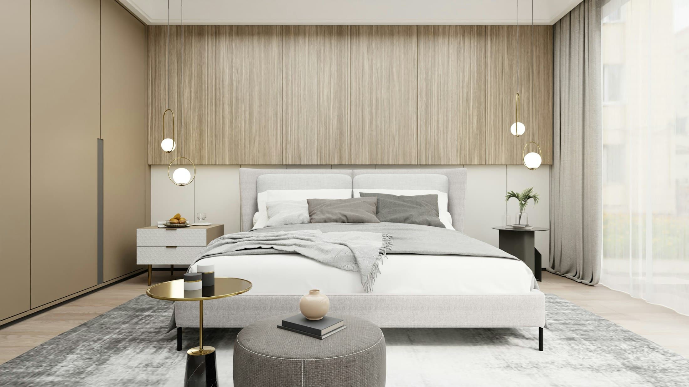 Bedroom with a full-width timber headboard wall, pendant lights and soft linen bedding