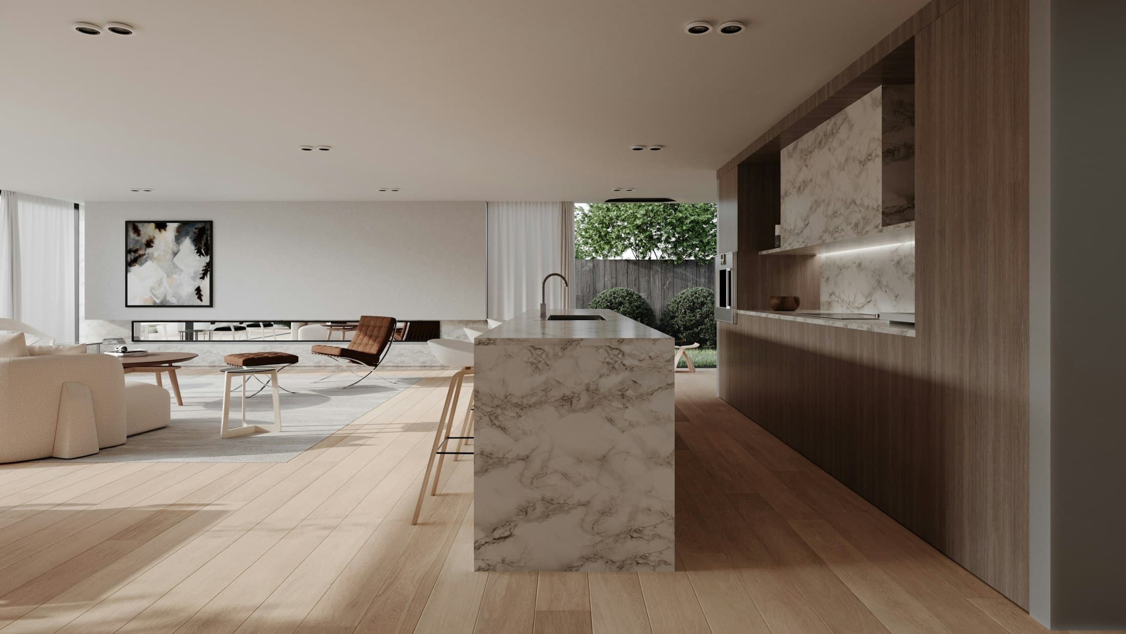 Open-plan kitchen with a stone island, dark timber cabinetry and pale wooden floors