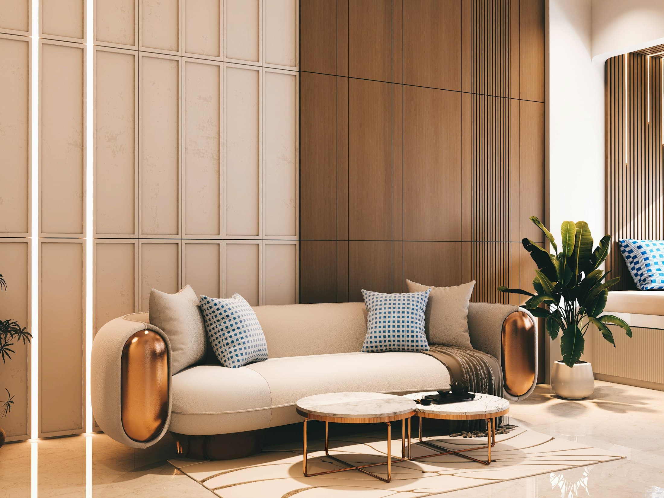 Living room with a curved cream sofa, timber-slatted wall panels and round marble side tables