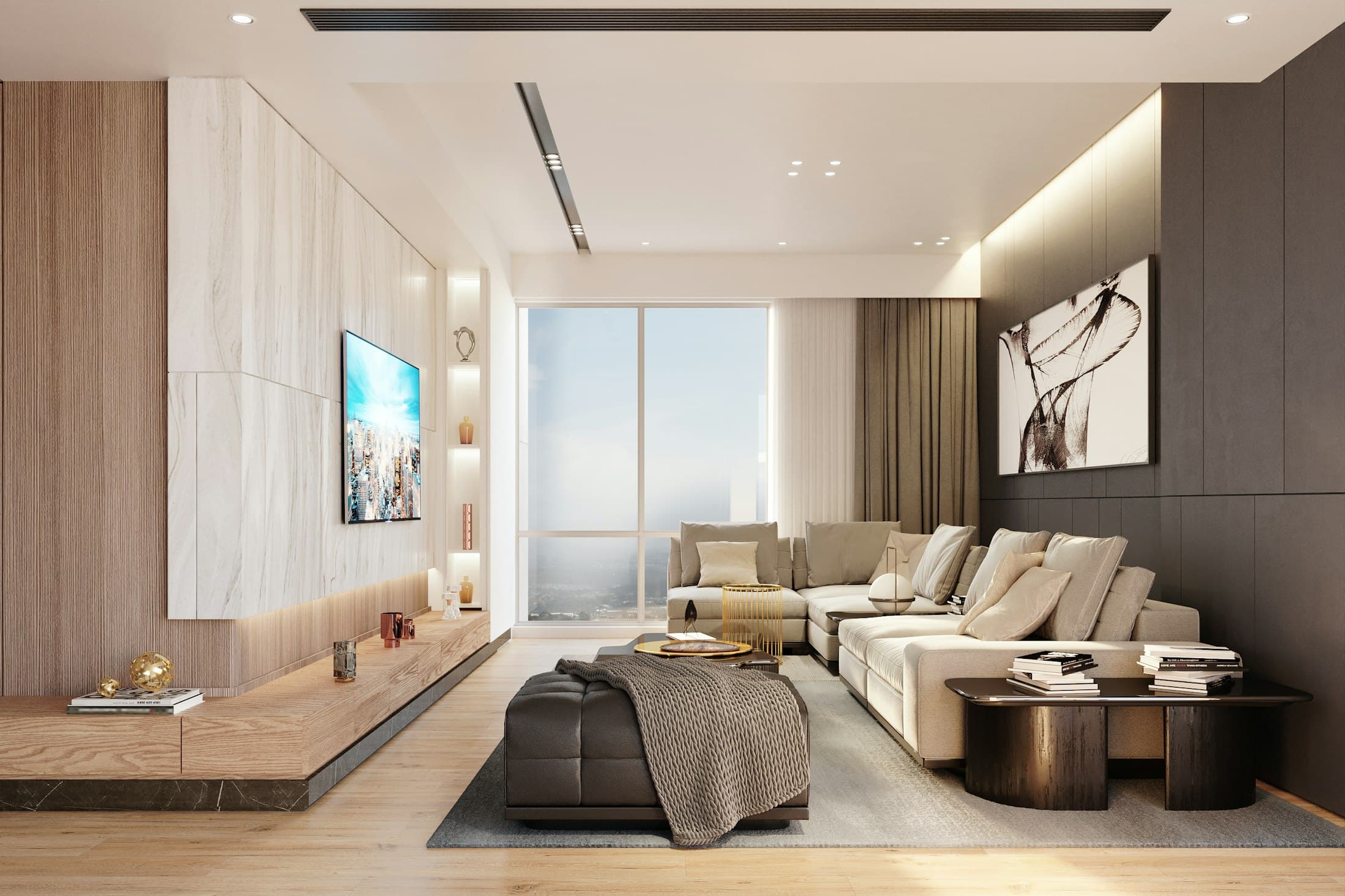Daylit living room with a low sectional sofa, wood panelling and floor-to-ceiling windows