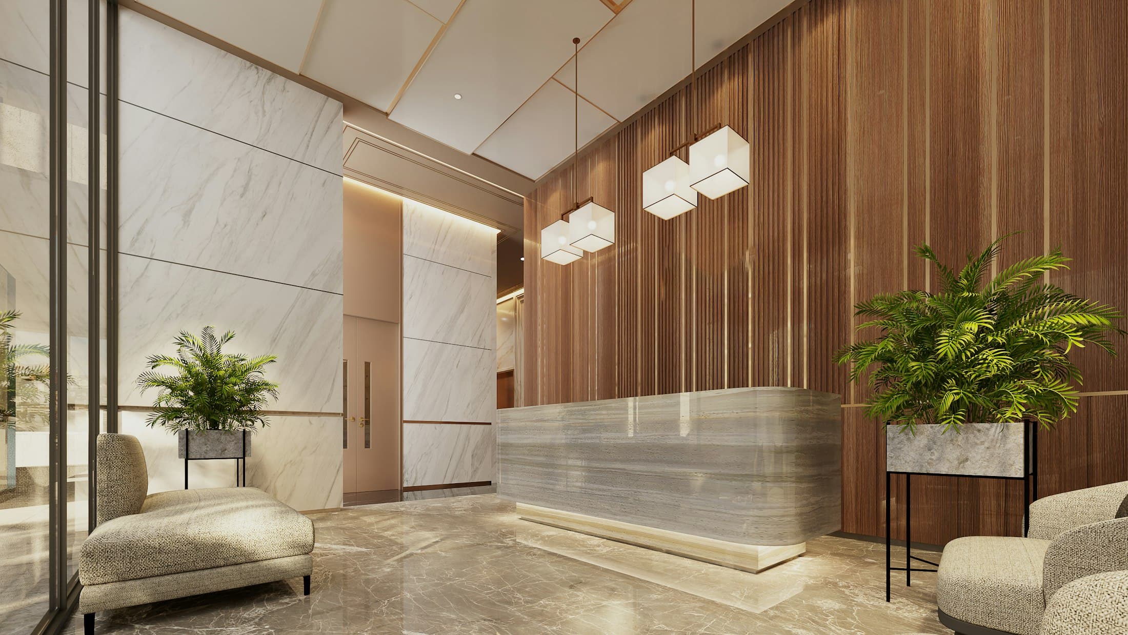 Reception area with a marble desk, vertical timber slats and planters