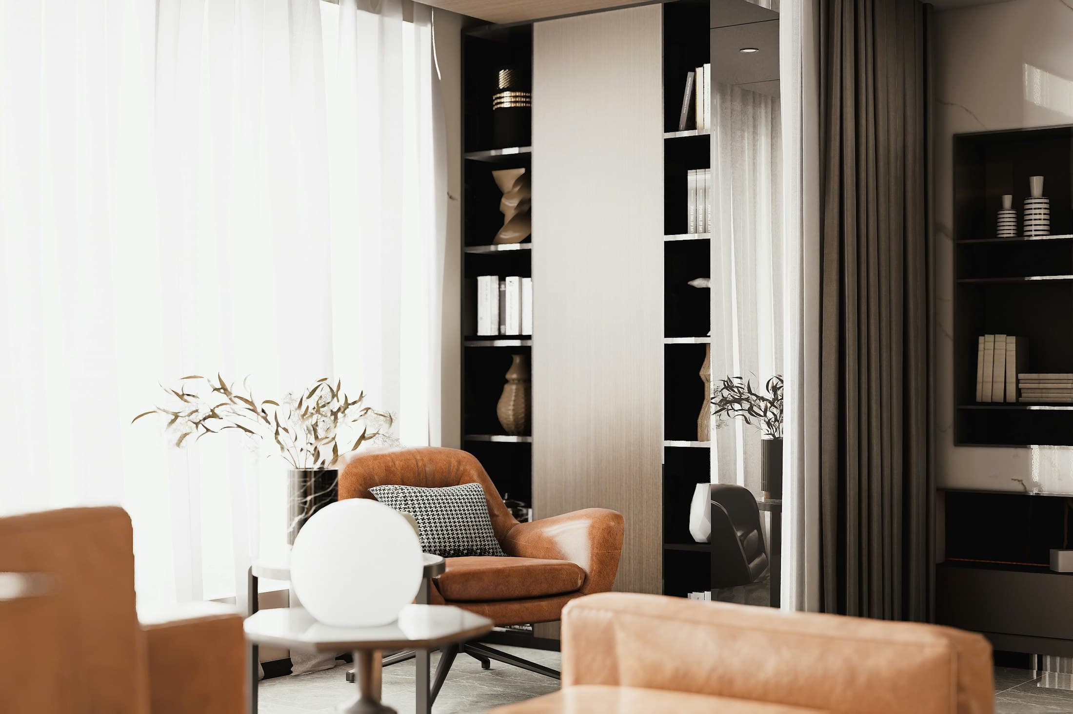 Reading corner with a leather armchair, globe lamp and timber bookshelves