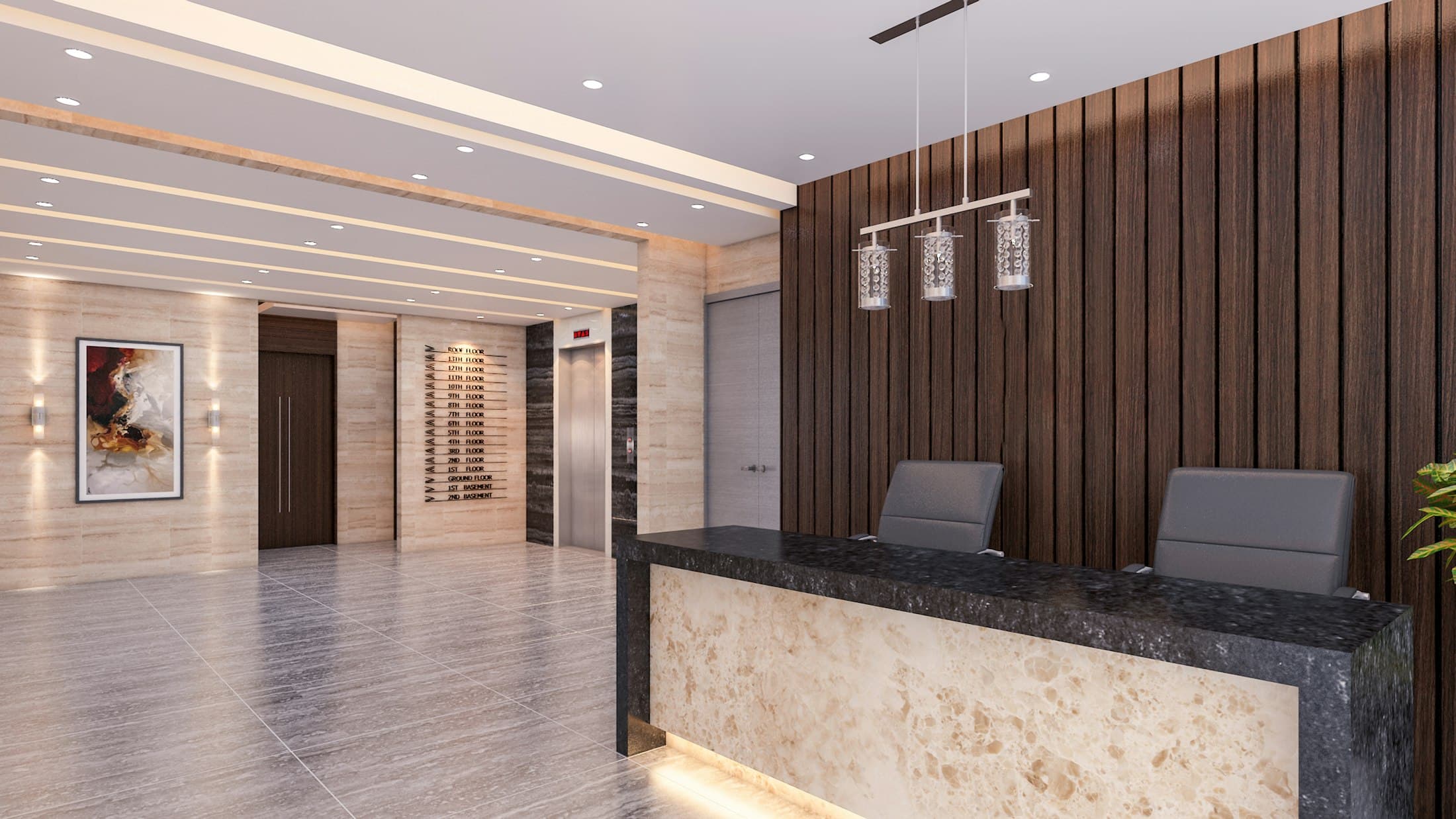 Commercial reception with a backlit stone counter and timber-panelled wall