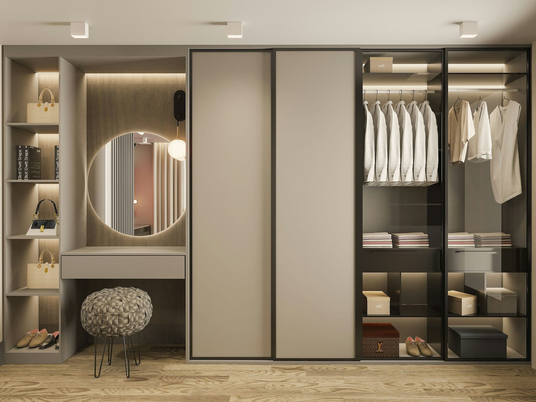 Built-in wardrobe with open hanging, glass shelves and a dressing unit with round mirror
