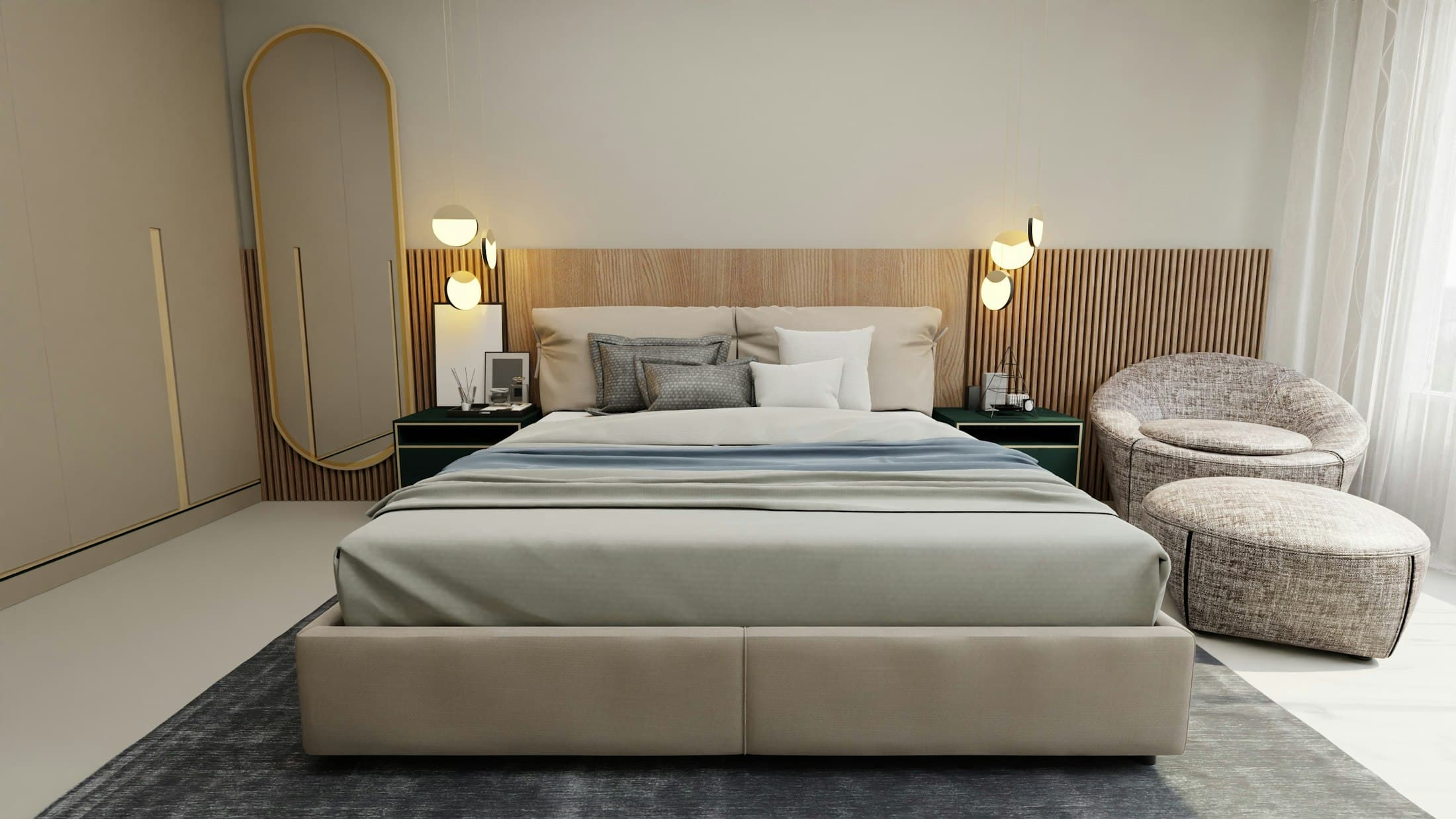 Neutral bedroom with an upholstered bed, timber wall panelling and an accent chair