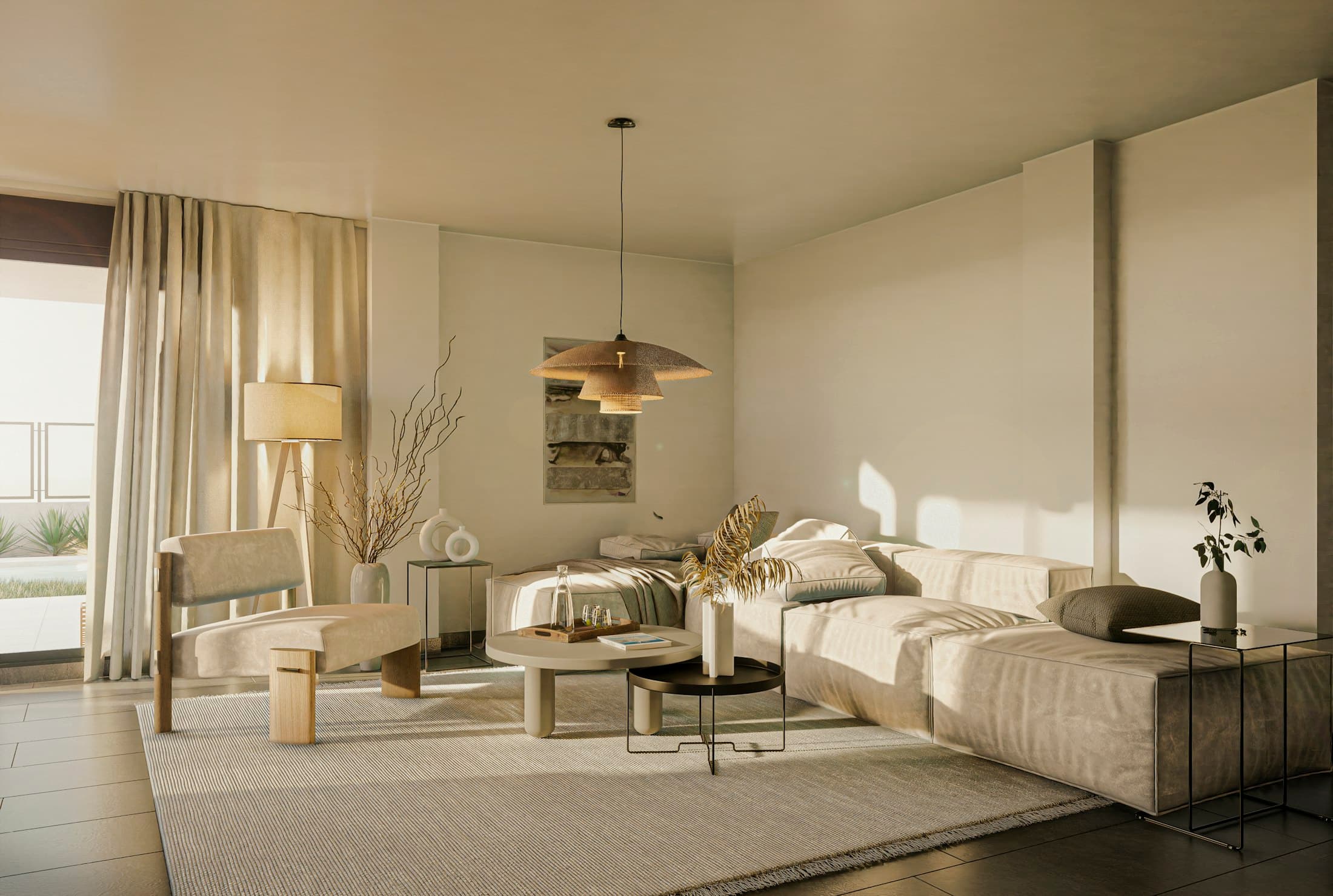 Warm, sunlit living room with linen upholstery, sheer curtains and a pendant light